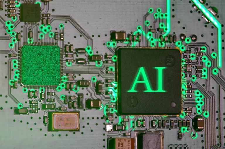 Glowing AI chip on circuit board illustrating artificial intelligence data security risks