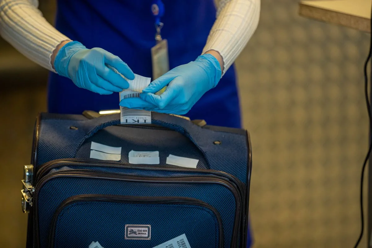 Airport security officer with gloved hands inspecting luggage representing AI-powered threat detection