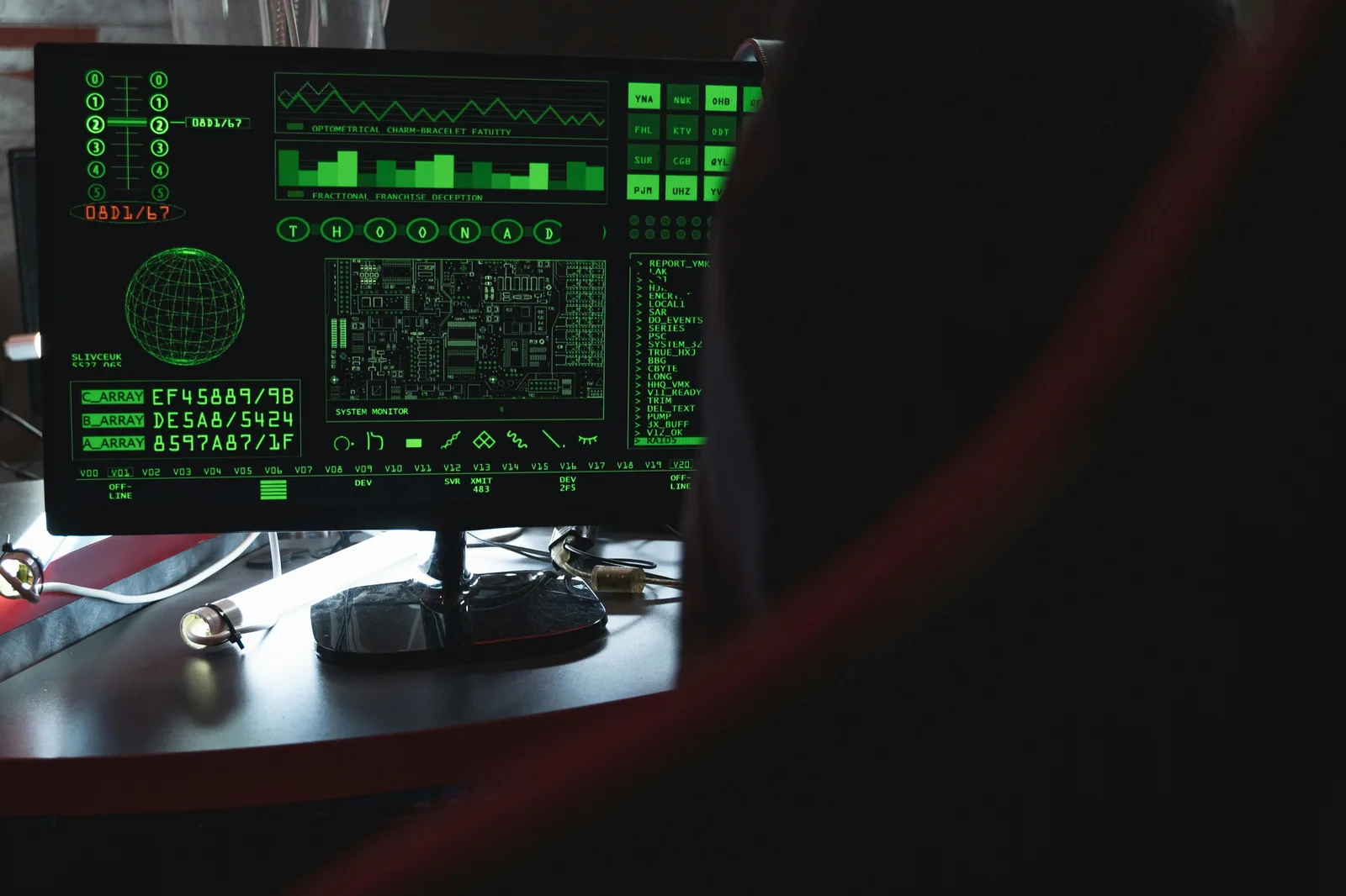 Green-on-black security monitoring dashboard displaying network arrays and system data for AI malware detection