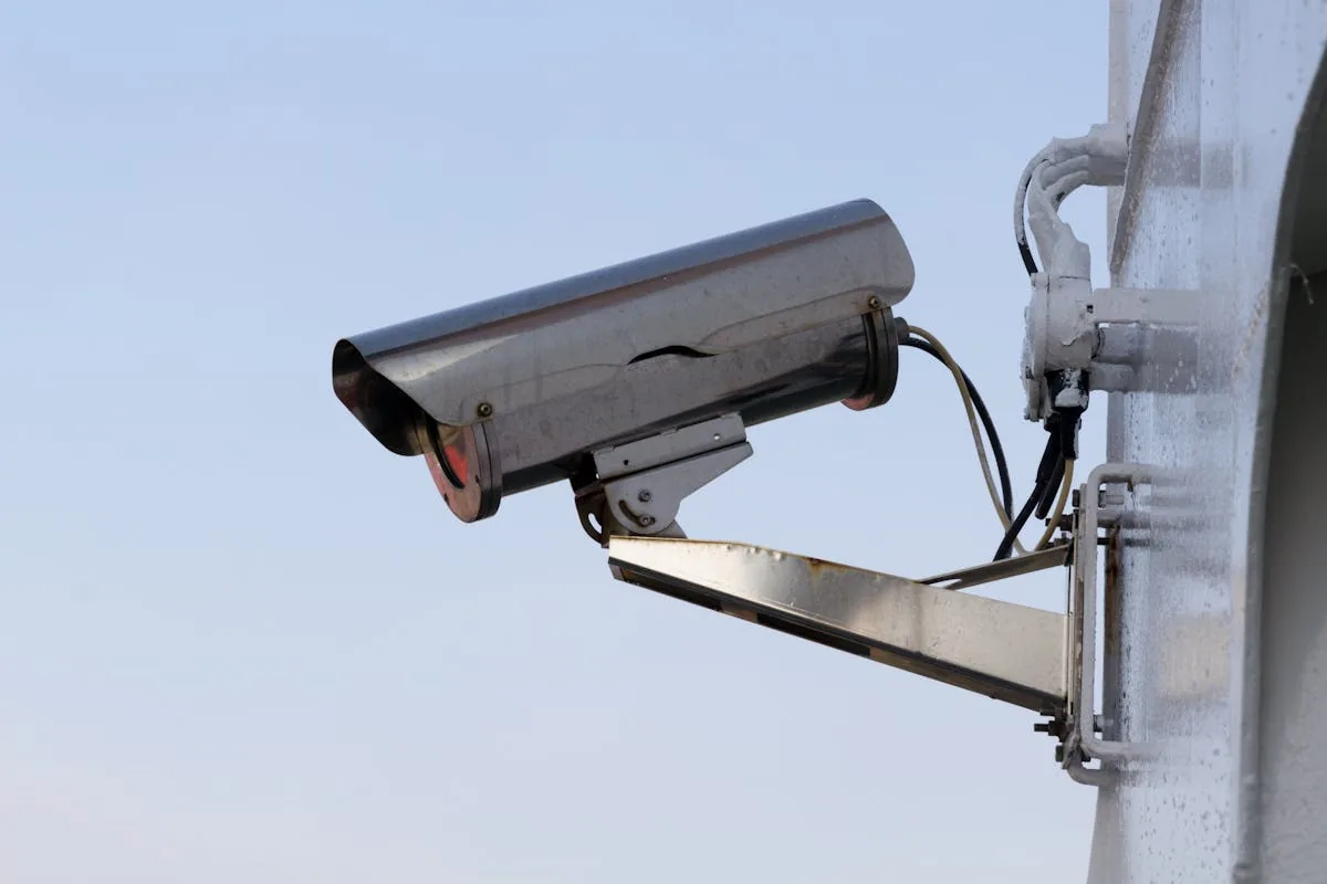 Close-up of surveillance camera used in AI threat detection systems