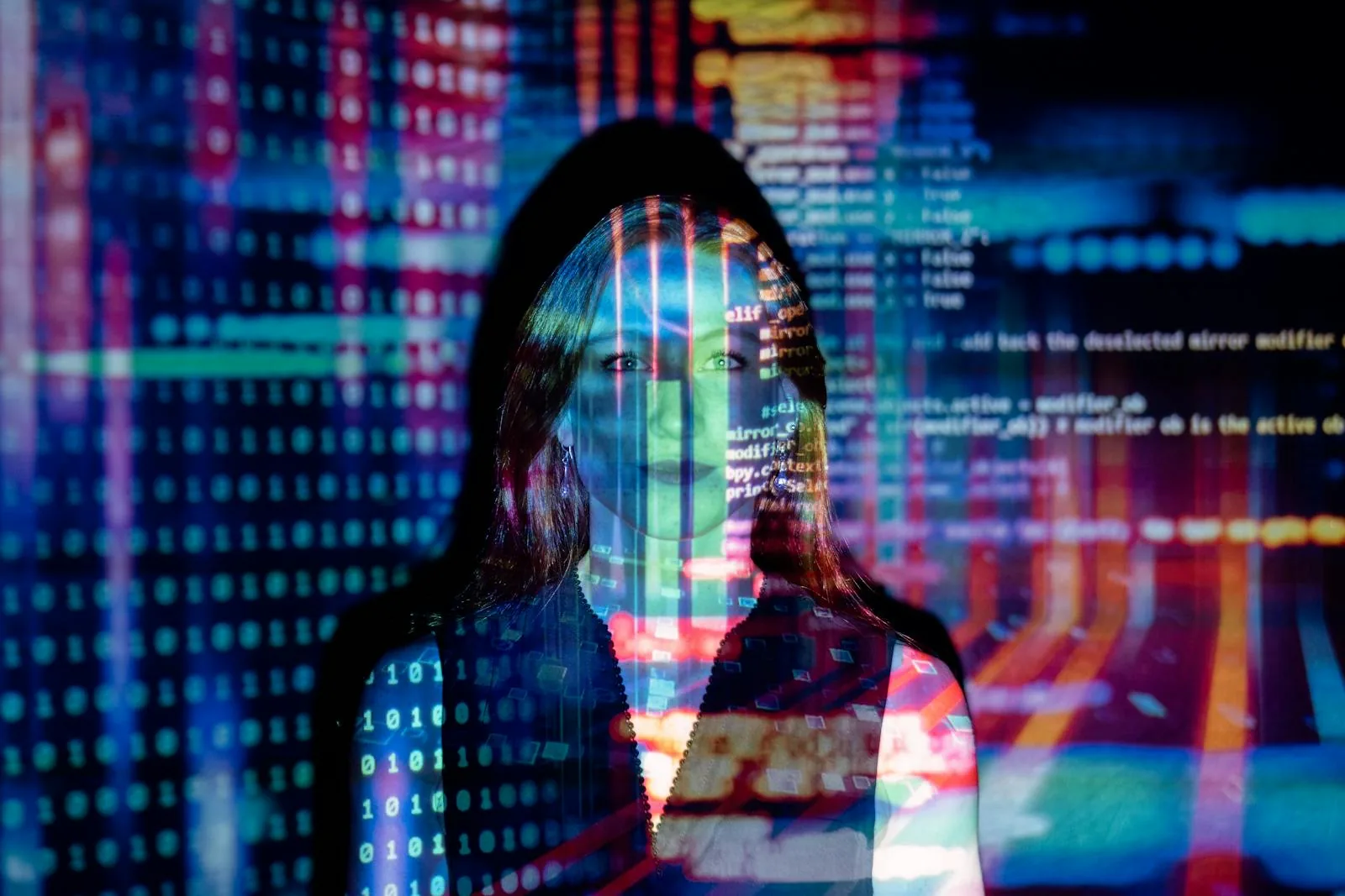Cybersecurity professional with AI and digital code visualization representing AI threat detection