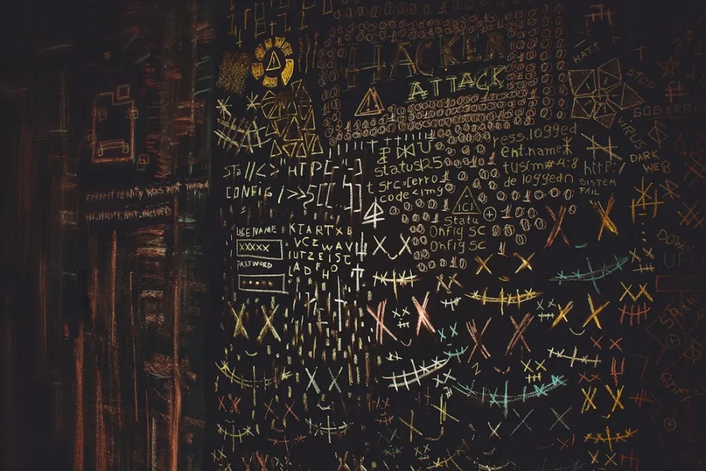 Dark chalkboard with cybersecurity threat keywords representing artificial intelligence security threats in 2026