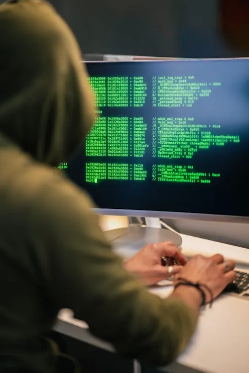 Hooded figure at computer terminal with green code representing AI-powered cyberattacks and cyber security threats