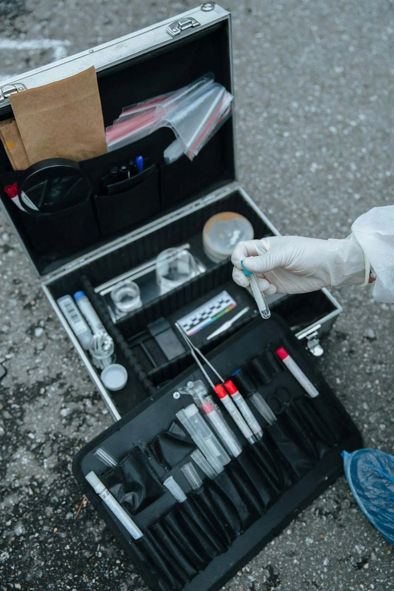 Forensic investigation kit representing cyber security threat intelligence and forensics academic study