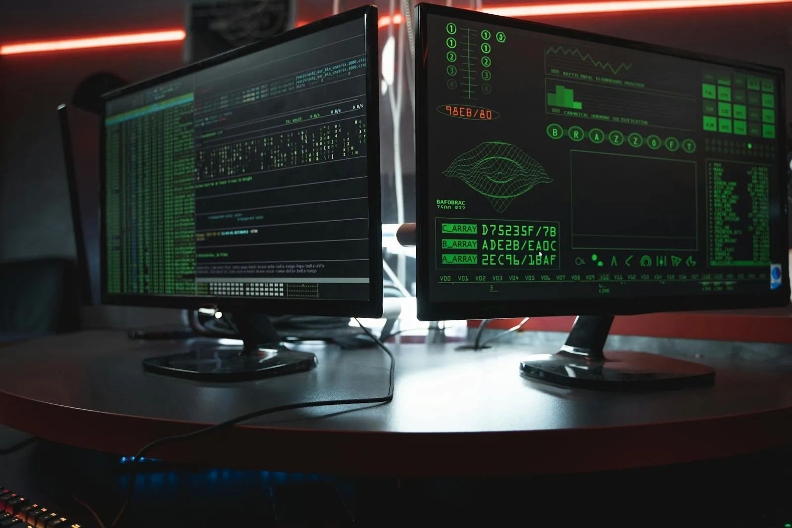 Dual computer monitors showing green security code and data arrays in a cybersecurity monitoring setup