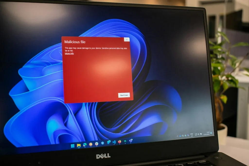 Dell laptop showing malicious file warning dialog representing cybersecurity threats analyzed in intelligence and national security research