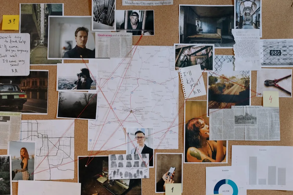 Detective investigation cork board with photos, maps, and red strings representing counterintelligence analysis and foreign intelligence threat investigation