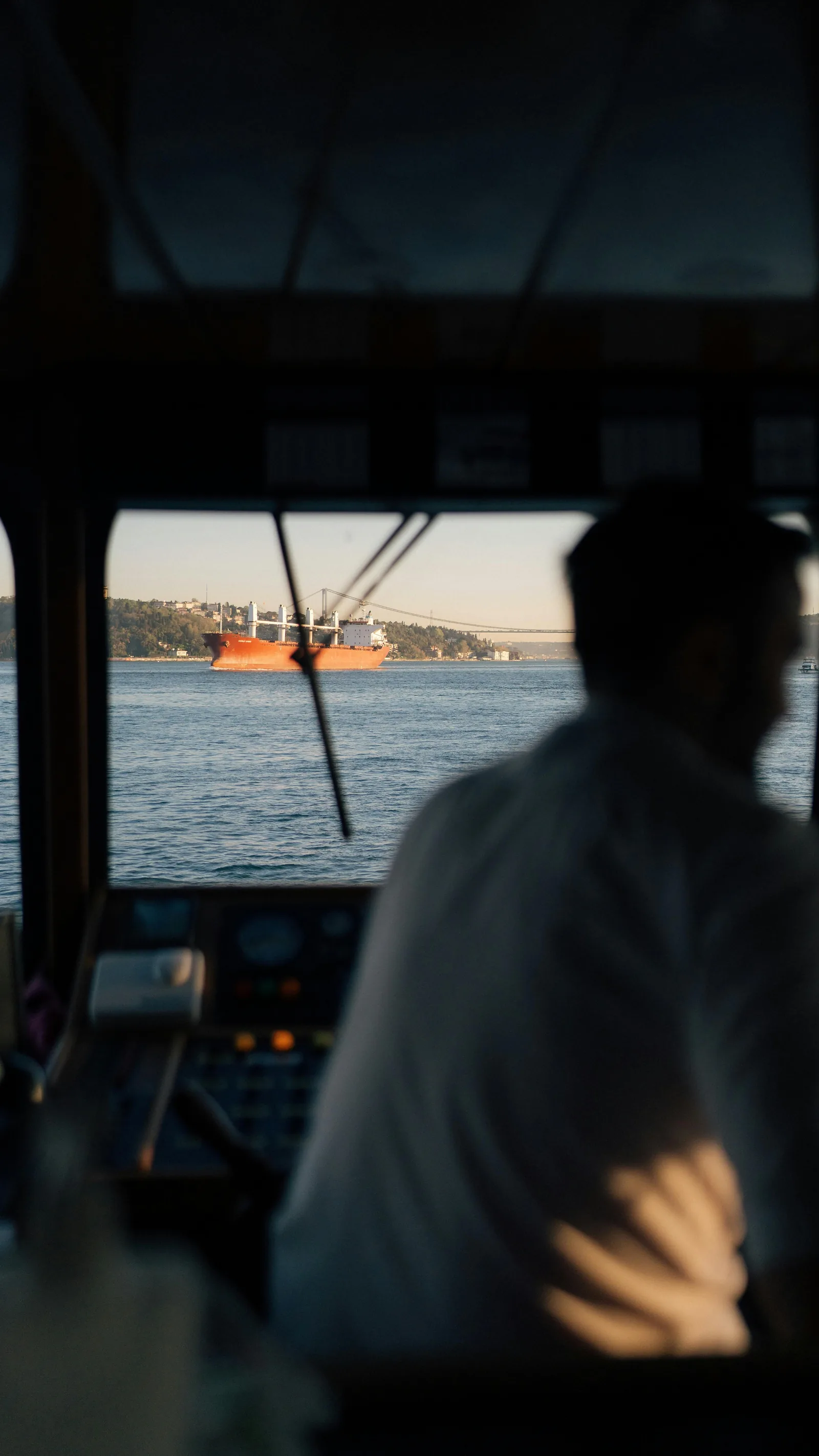 Maritime security analyst reviewing vessel threat intelligence on computer in bright operations center representing maritime security intelligence threats piracy Red Sea statistics