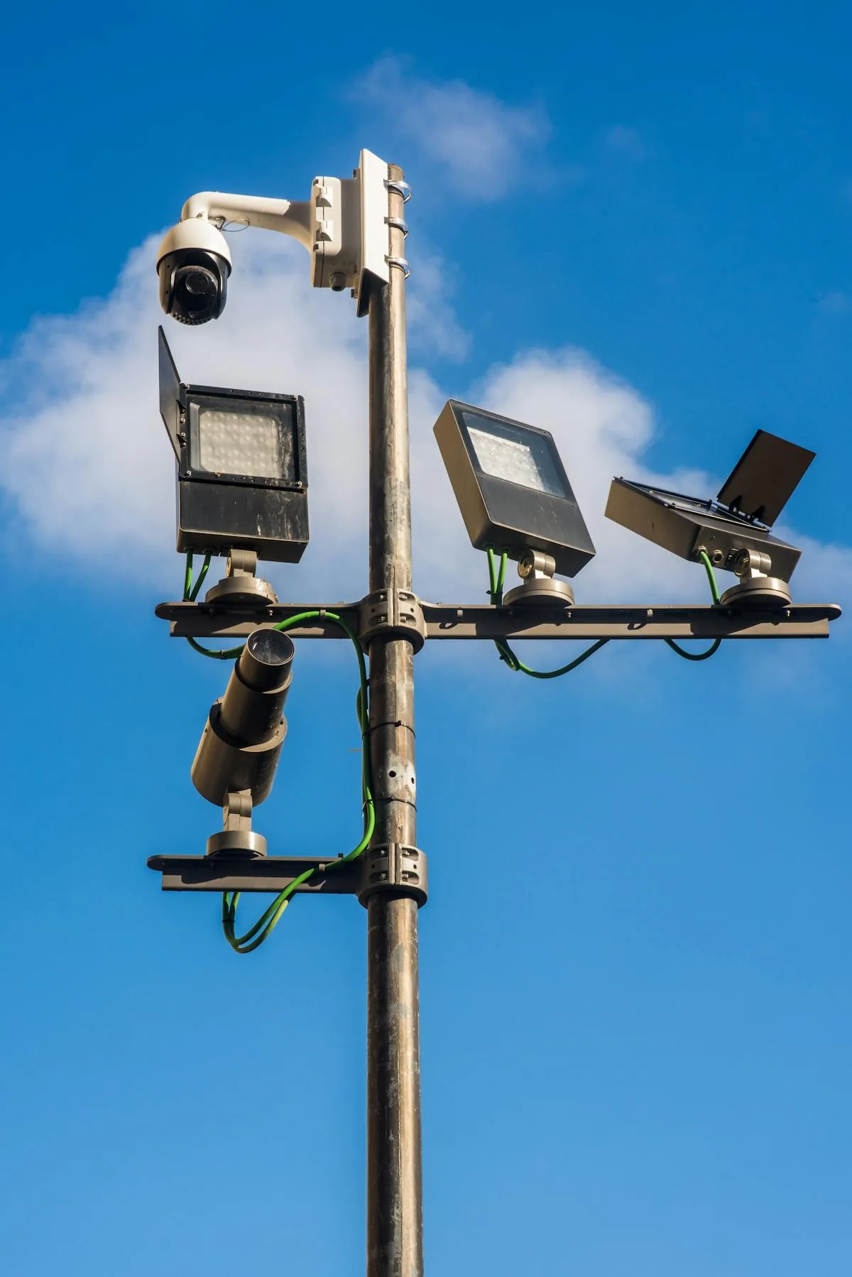 Multiple surveillance cameras on a pole representing physical security intelligence monitoring