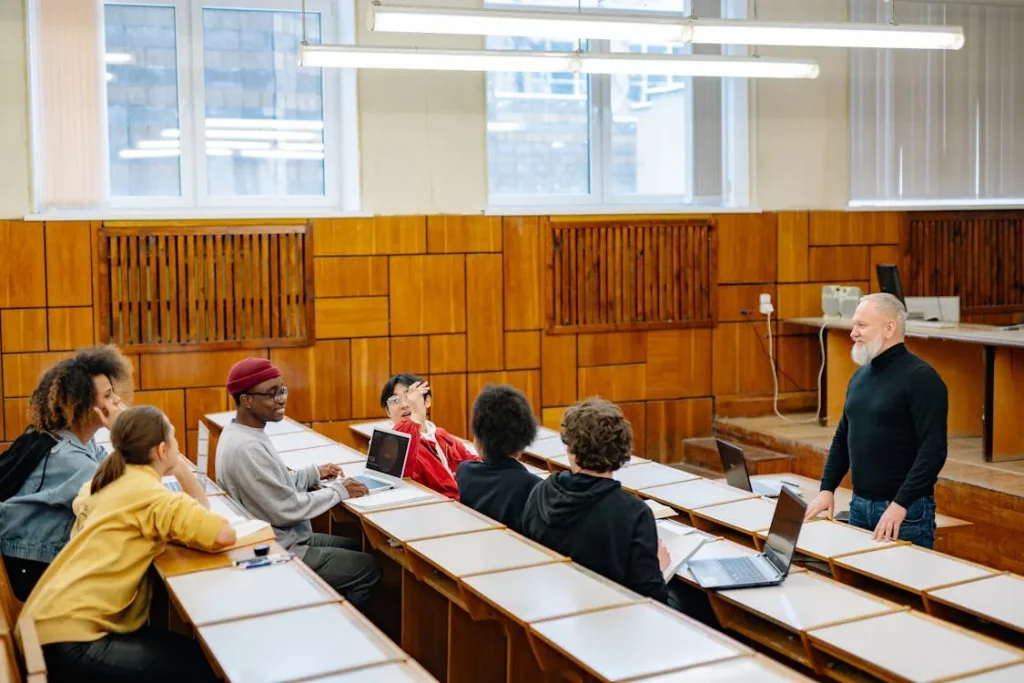 Students and professor in bright university lecture hall representing security and intelligence studies