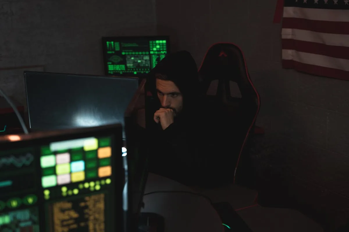 Security analyst thinking while reviewing threat intelligence data across multiple monitors