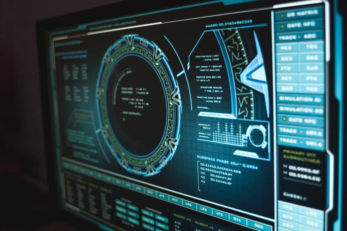 Futuristic security intelligence interface showing threat analysis dashboard and data patterns