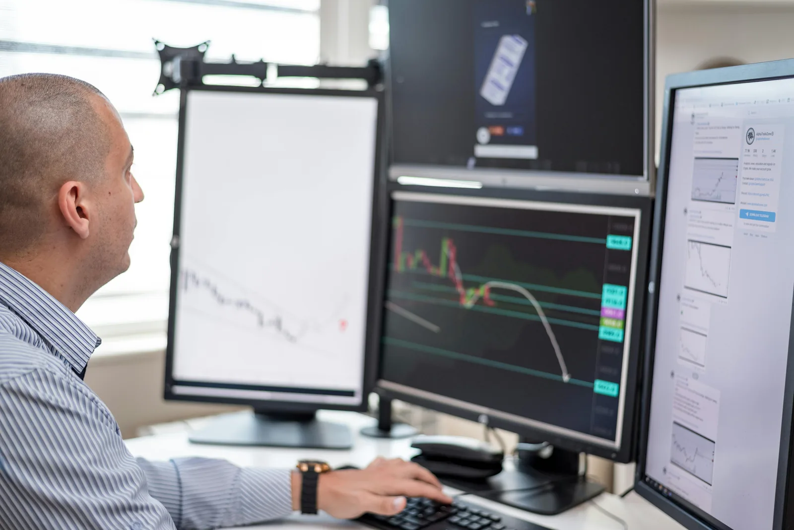 Security analyst reviewing multiple screens in bright modern security operations center representing security intelligence without analyst overhead alert fatigue problem