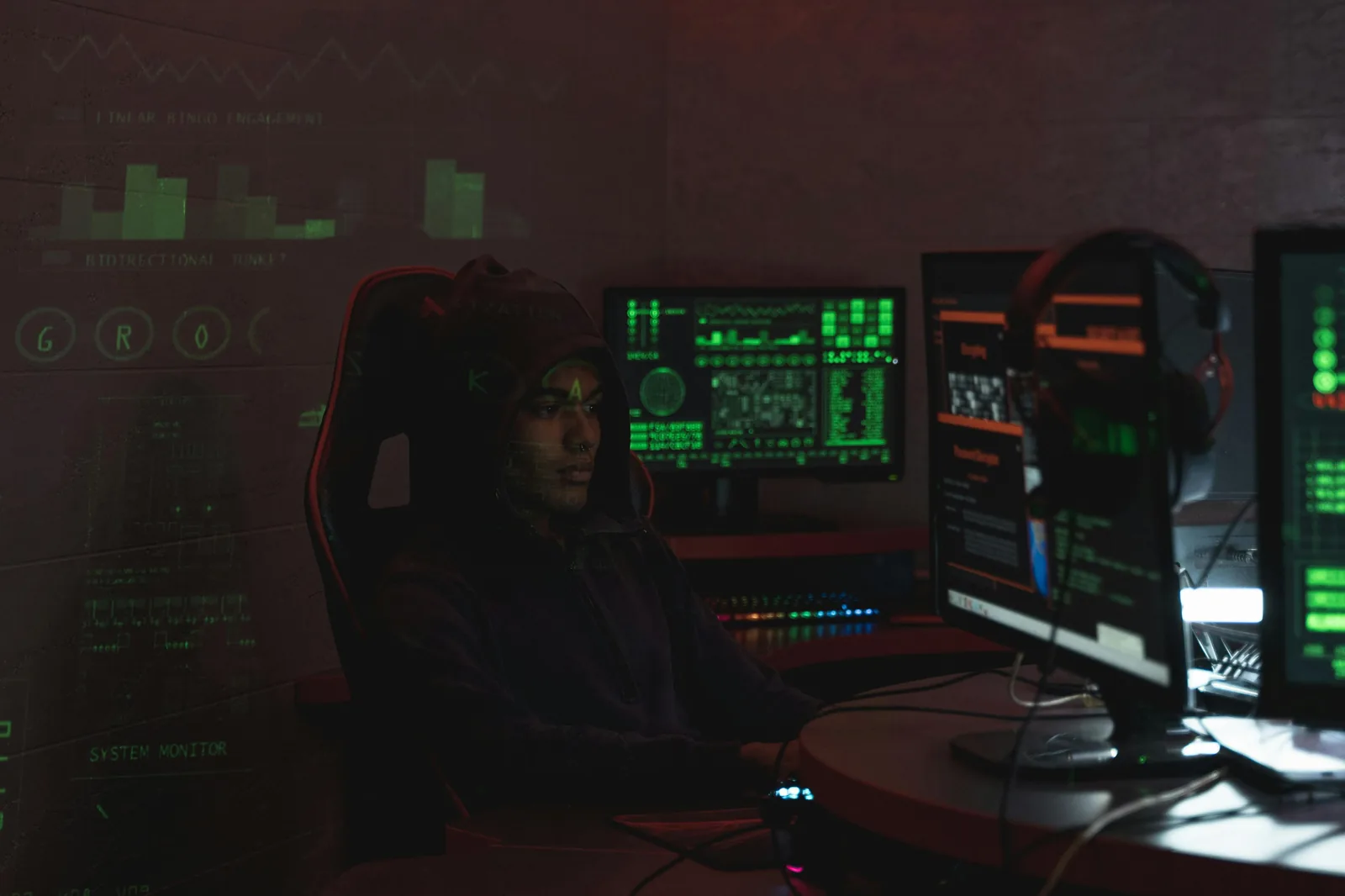 Analyst at multi-screen workstation monitoring AI supply chain security and model repository risks